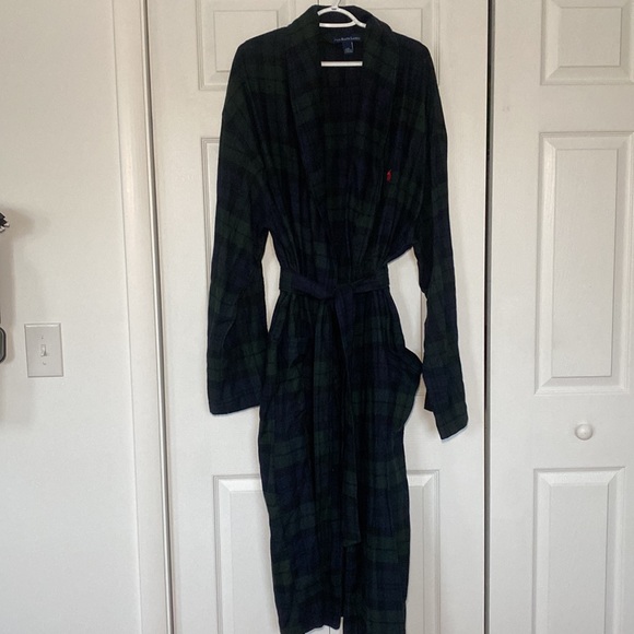 POLO RALPH LAUREN MENS LONG PLAID BLUE GREEN PRINTED ROBE COTTON SIZE XL - Picture 5 of 6